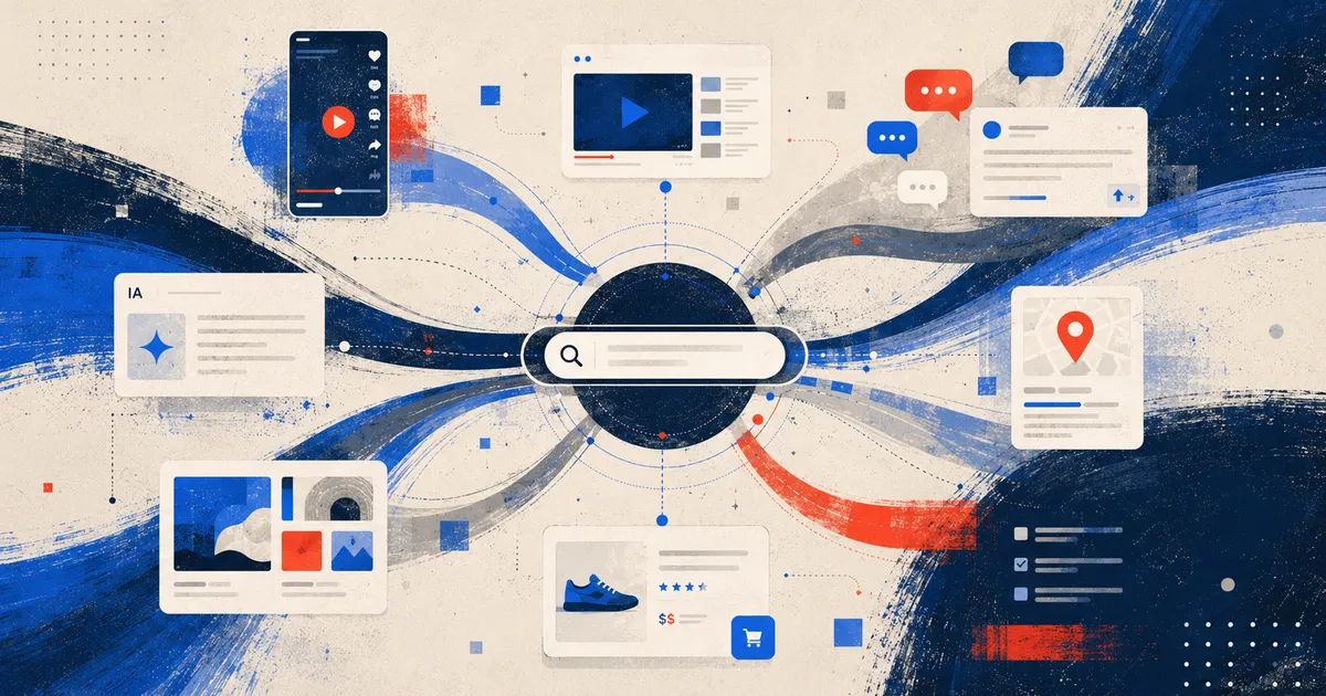 Ecosistema de búsqueda digital con Google, redes sociales, IA y comunidades conectadas