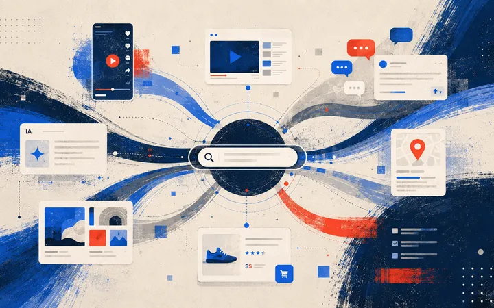 Ecosistema de búsqueda digital con Google, redes sociales, IA y comunidades conectadas