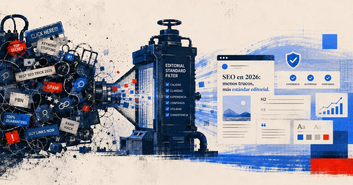 Mesa editorial con documentos, métricas SEO y señales de autoridad digital